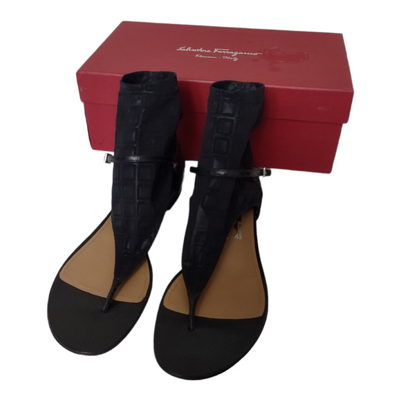 SALVATORE FERRAGAMO Black Flat Sandals Size 9 Animal Skin Ankle Sock Flats NEW - Picture 4 of 5